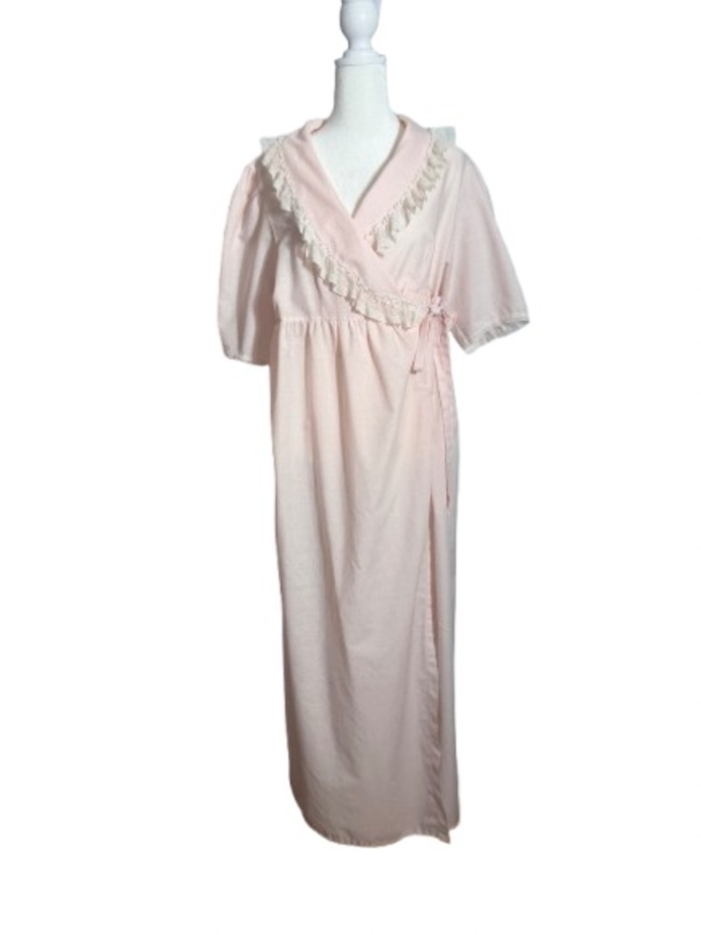 Soft Pink Vintage Wrap Maternity Nightgown Housecoat Robe with Ruffle Trim